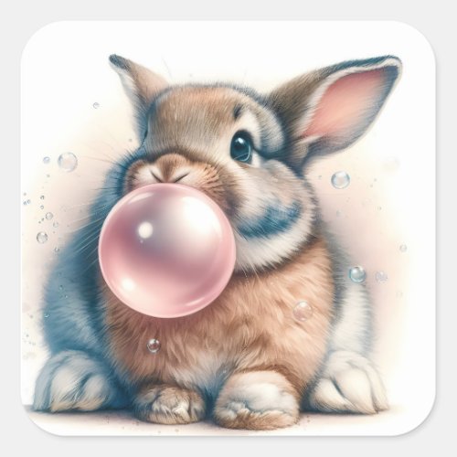 Adorable Brown Bunny Rabbit Blowing Bubble Gum  Square Sticker
