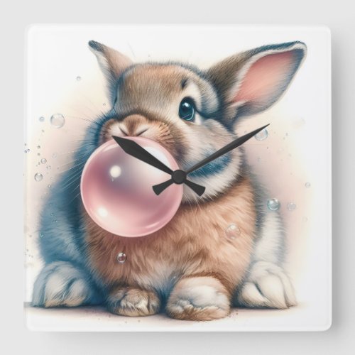 Adorable Brown Bunny Rabbit Blowing Bubble Gum  Square Wall Clock