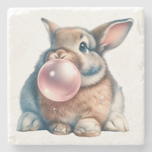 Adorable Brown Bunny Rabbit Blowing Bubble Gum  Stone Coaster
