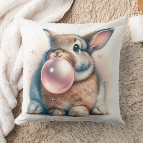 Adorable Brown Bunny Rabbit Blowing Bubble Gum  Throw Pillow
