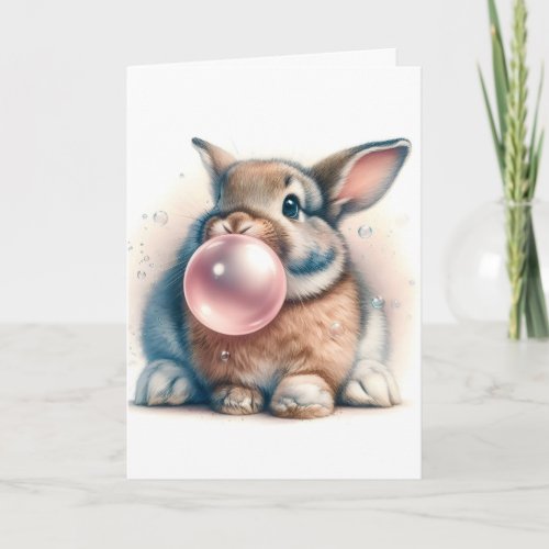 Adorable Brown Bunny Rabbit Blowing Bubbles Blank Card