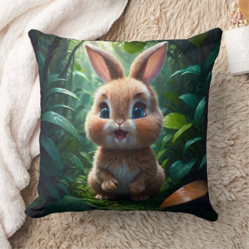 Adorable Brown Bunny Rabbit in a Forest Nursery  Throw Pillow