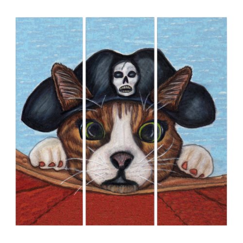 Adorable Brown Cat Green Eyes Pirate Hat Boat Triptych