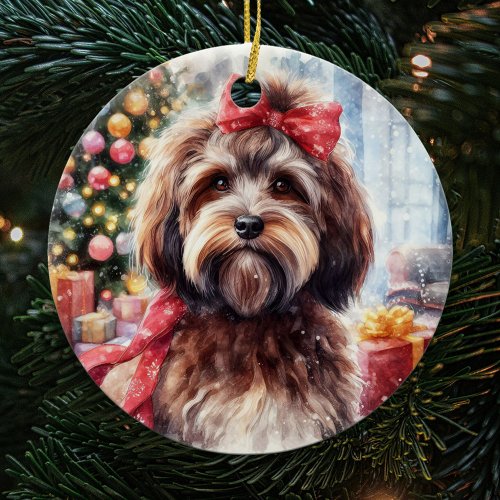 Adorable Brown Havanese Dog with Red Bow Christmas Ceramic Ornament