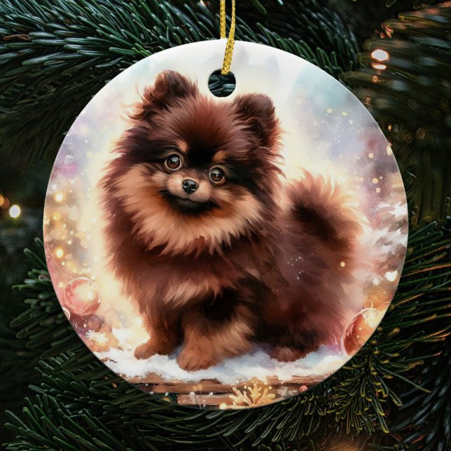 Adorable Brown Pomeranian Watercolor Christmas Ceramic Ornament (Creator Uploaded)