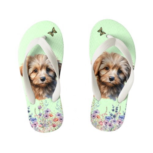 Adorable Brown Puppy Spring Flowers Butterfly Kids Flip Flops