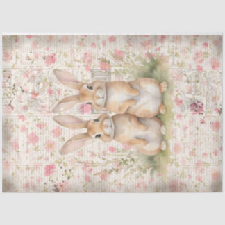 Adorable Brown Spring Cottage Bunnies Decoupage  Tissue Paper