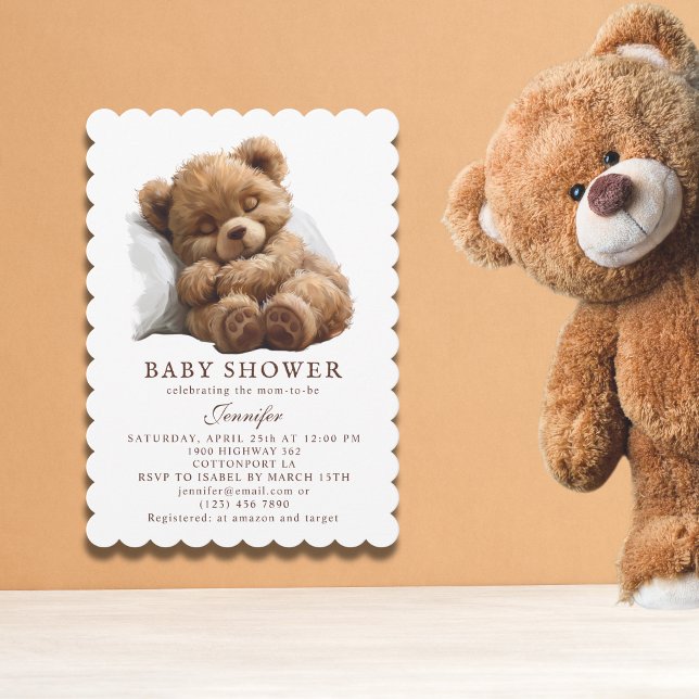 Adorable Brown Teddy Bear Sleeping Baby Shower Invitation (Creator Uploaded)