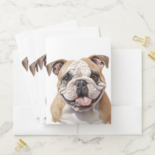 ADORABLE BROWN & WHITE BULLDOG DOG FACE POCKET FOLDER
