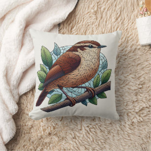 Adorable Brown Wren Stained Glass Look Throw Pillow