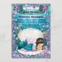 Adorable Brunette Mermaid Princess Baby Shower Invitation