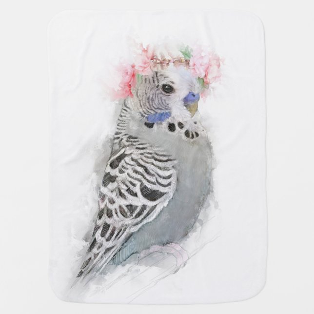 Adorable Budgie Wearing a Flower Crown Portrait Baby Blanket (Front)