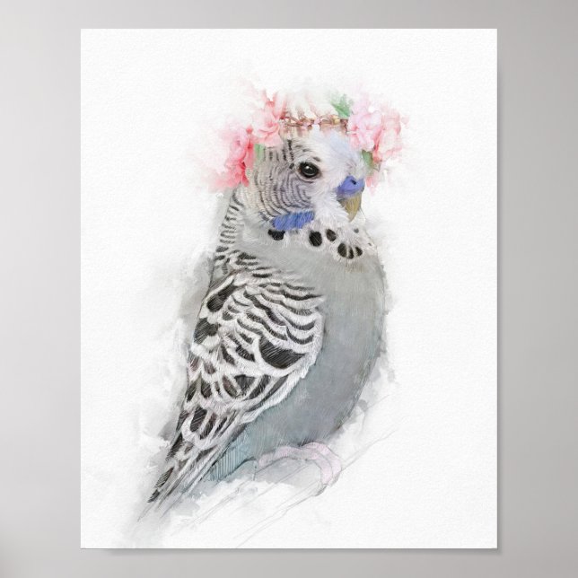Adorable Budgie Wearing a Flower Crown Portrait Poster (Front)