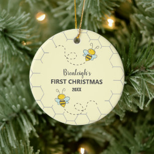 Adorable Bumble Bee First Christmas Custom Ceramic Ornament