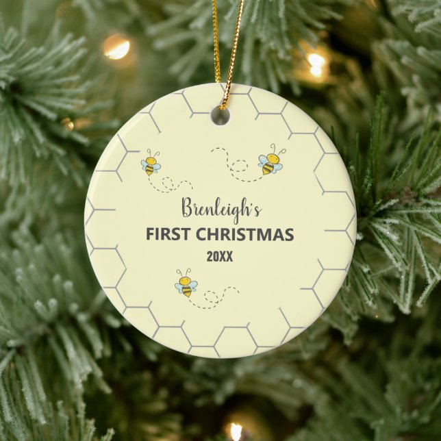 Adorable Bumble Bee First Christmas Custom Ceramic Ornament (Tree)