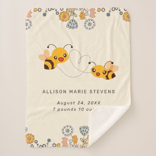 Adorable Bumble Bees  Flowers Baby Birth Stats Sherpa Blanket