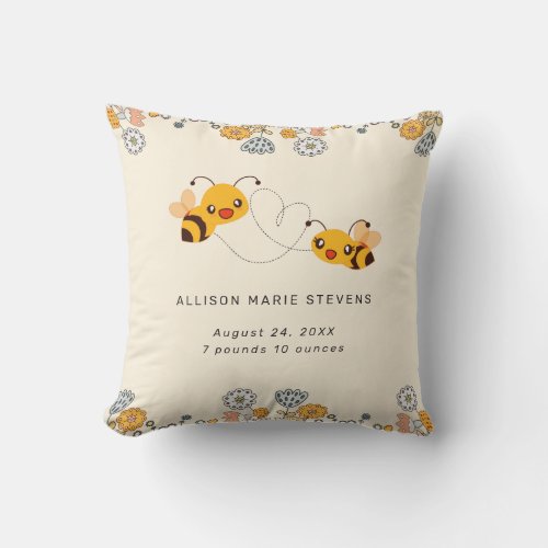 Adorable Bumble Bees  Flowers Baby Birth Stats Throw Pillow