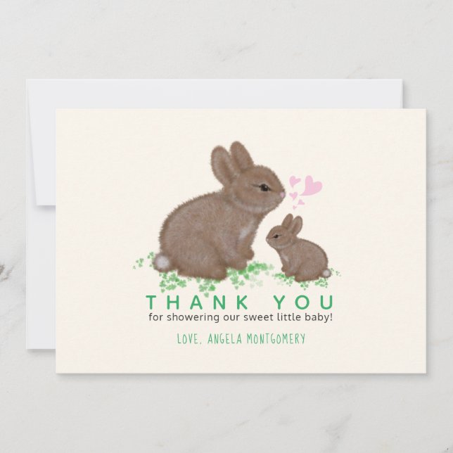 Adorable Bunnies and Hearts Baby Shower Thank You Card (Front)