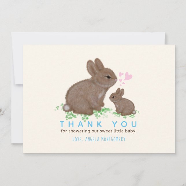 Adorable Bunnies Hearts Boy Baby Shower Thank You (Front)