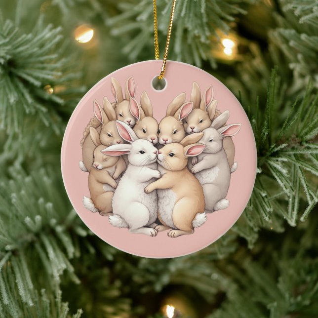Adorable Bunnies in a Cozy Pastel Hug Illustration Ceramic Ornament (Tree)