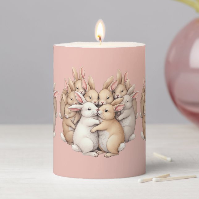 Adorable Bunnies in a Cozy Pastel Hug Illustration Pillar Candle (In Situ)