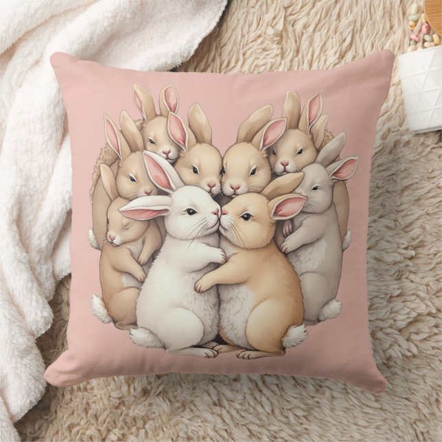 Adorable Bunnies in a Cozy Pastel Hug Illustration Throw Pillow (Blanket)