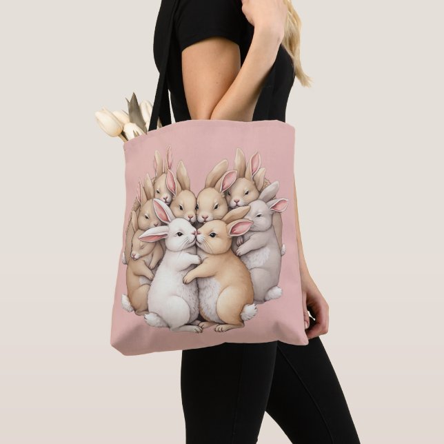 Adorable Bunnies in a Cozy Pastel Hug Illustration Tote Bag (Close Up)