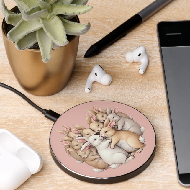 Adorable Bunnies in a Cozy Pastel Hug Illustration Wireless Charger (Desk 2)