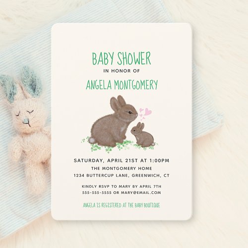 Adorable Bunnies in Clover with Hearts Baby Shower Invitation
