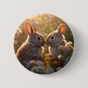 Adorable Bunnies in Spring Meadow Design Button