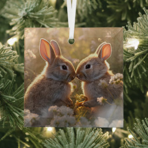 Adorable Bunnies in Spring Meadow Design Glass Ornament