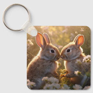 Adorable Bunnies in Spring Meadow Design Keychain