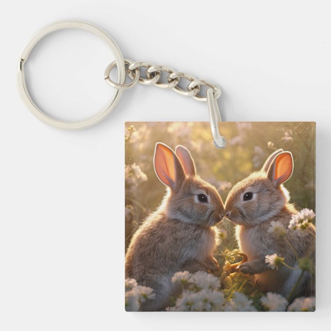 Adorable Bunnies in Spring Meadow Design Keychain (Front)