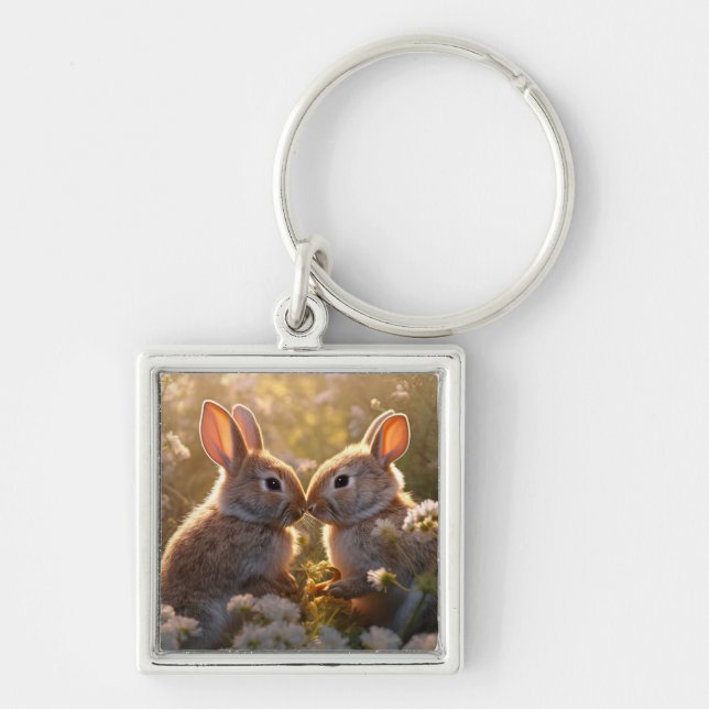 Adorable Bunnies in Spring Meadow Design Keychain (Front)