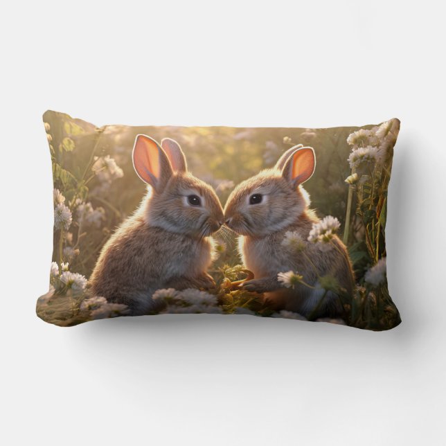 Adorable Bunnies in Spring Meadow Design Lumbar Pillow (Front)
