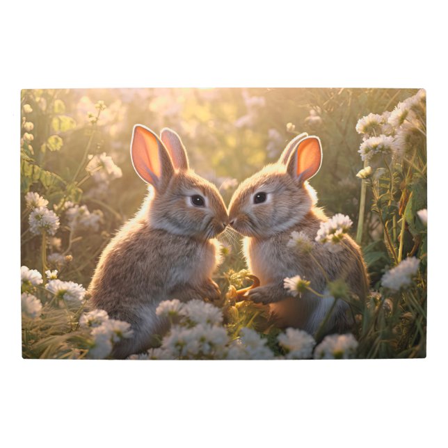 Adorable Bunnies in Spring Meadow Design Metal Print (Front)