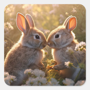 Adorable Bunnies in Spring Meadow Design Square Sticker