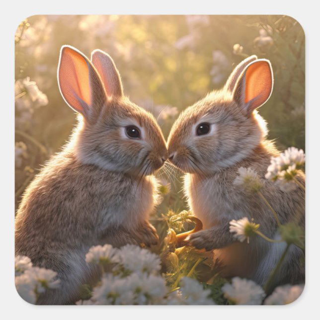 Adorable Bunnies in Spring Meadow Design Square Sticker (Front)
