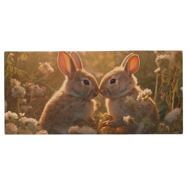 Adorable Bunnies in Spring Meadow Design Wood Flash Drive (Front)