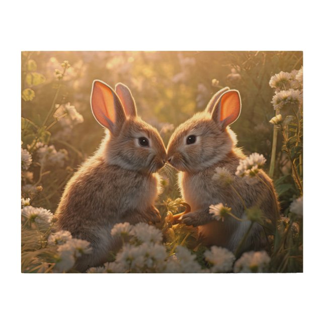 Adorable Bunnies in Spring Meadow Design Wood Wall Art (Front)
