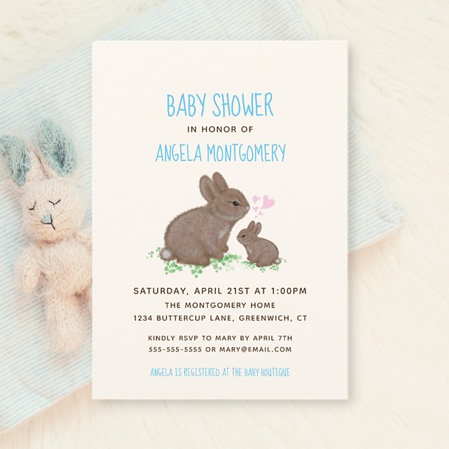 Adorable Bunnies with Hearts Boy Baby Shower Invitation (Creator Uploaded)