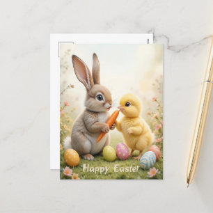 Adorable Bunny and Chick Easter  Holiday Postcard