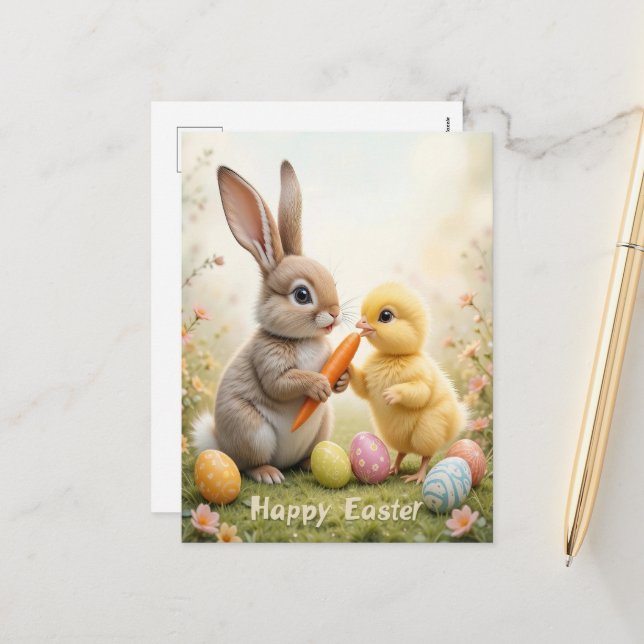 Adorable Bunny and Chick Easter  Holiday Postcard (Front/Back In Situ)