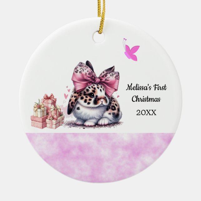 Adorable Bunny Baby's First Christmas Ceramic Ornament (Front)