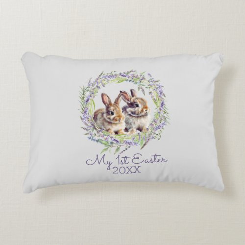 Adorable Bunny Blossom Lavender Spring Wreath Accent Pillow
