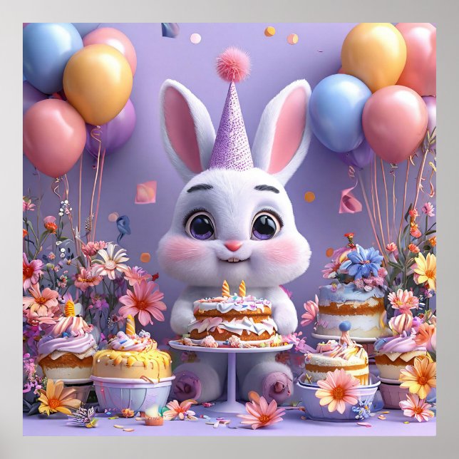 Adorable Bunny Celebrating Birthday Poster (Front)