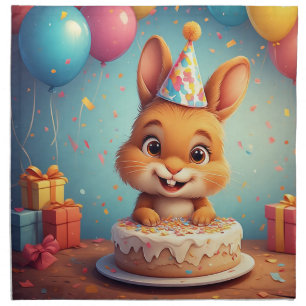 Adorable Bunny Celebrating Birthday with Cake Cloth Napkin