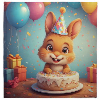 Adorable Bunny Celebrating Birthday with Cake Cloth Napkin