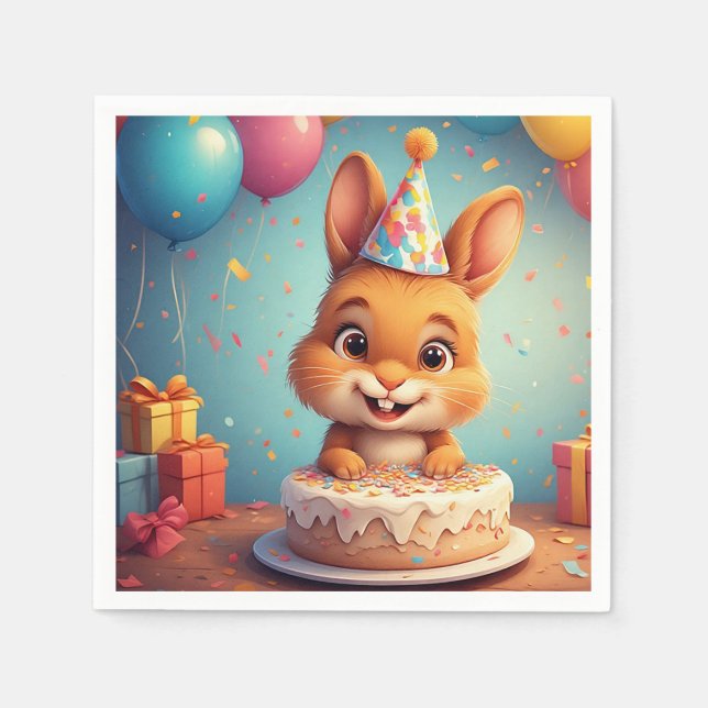 Adorable Bunny Celebrating Birthday with Cake Napkins (Front)