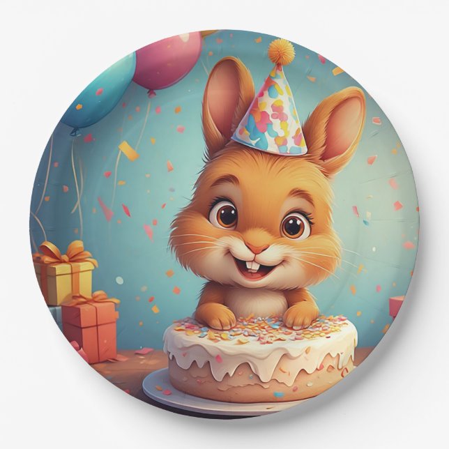 Adorable Bunny Celebrating Birthday with Cake Paper Plates (Front)